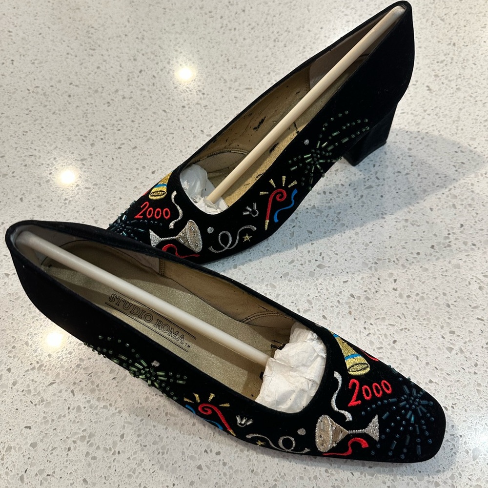 Black Suede Heels with Festive Embroidery